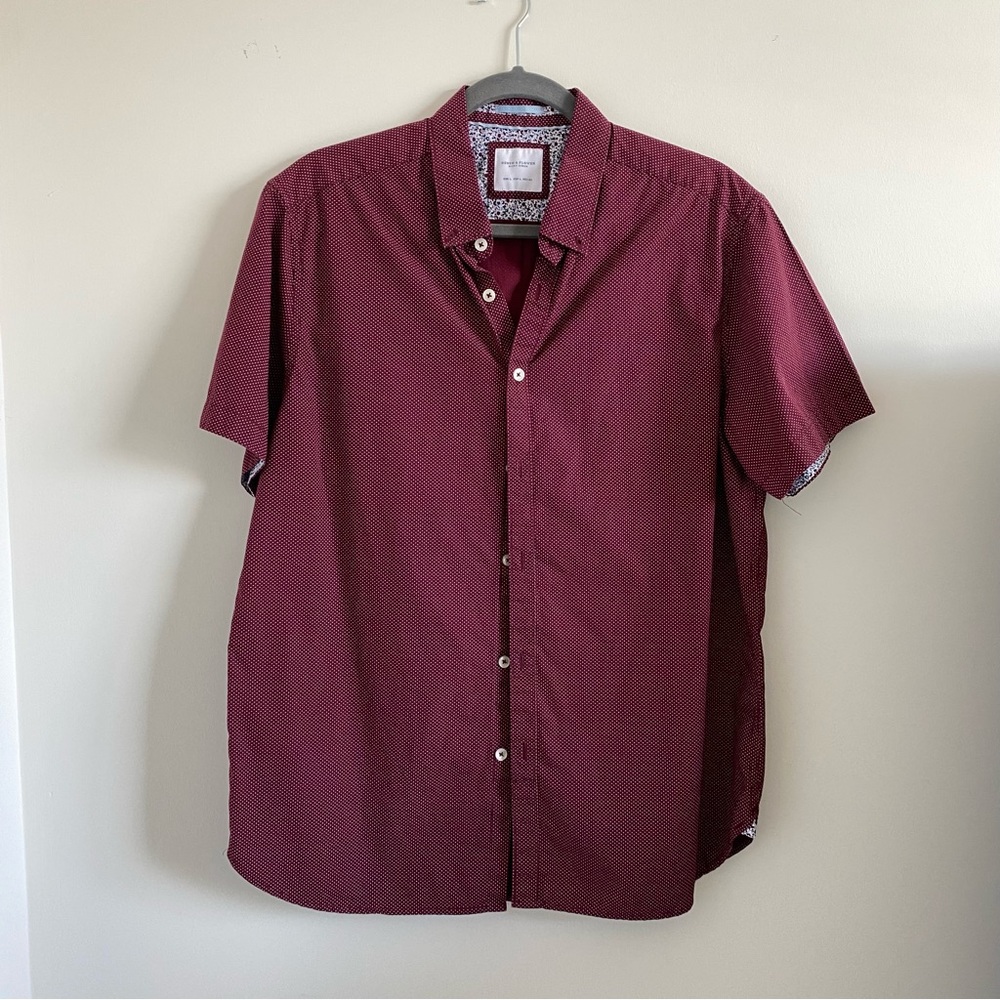 Mens Burgundy Denim&Flowers Button Down Shirt